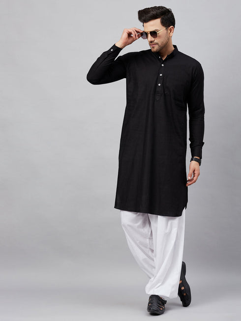 Men's Black Cotton Blend Pathani Suit Set